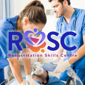 The Resuscitation Skills Centre Logo in front of two clinicians performing life support on an actor. The two clinicians are both wearing light blue scrubs and wearing white gloves, the clinician on the left has long brown hair and has her hands together positioned to begin CPR, while the clinician to the right is holding a BVM and preparing to deliver rescue breaths.